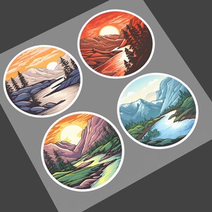May include: Four circular stickers featuring different mountain landscapes. Each sticker depicts a sunset or sunrise with a mountain range, trees, and a river or lake. The colours are vibrant and the designs are detailed.