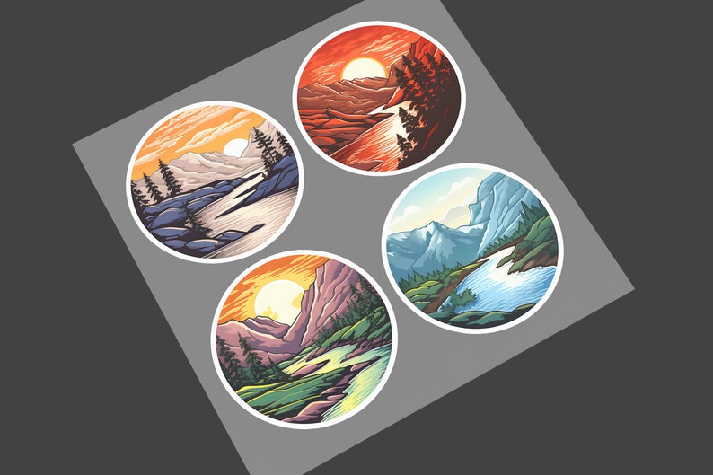 May include: Four circular stickers featuring different mountain landscapes. Each sticker depicts a sunset or sunrise with a mountain range, trees, and a river or lake. The colours are vibrant and the designs are detailed.