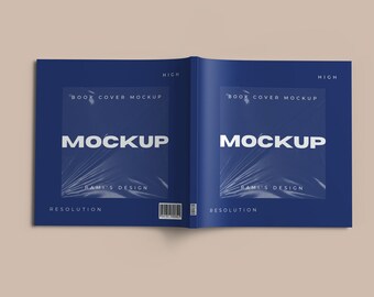 Könnte beinhalten: Ein blaues Buchcover-Mockup mit dem Text "BOOK COVER MOCKUP" und "MOCKUP" in Weiß. Der Text "RAMI'S DESIGN" und "RESOLUTION" ist ebenfalls auf dem Cover zu sehen.