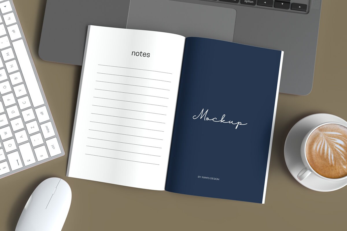 Open 6 X 9 Book Mockup With Laptop Psd and Jpg, Realistic Open Magazine ...
