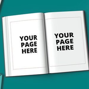 May include: An open book with a white background and black text that says "YOUR PAGE HERE" on both pages. The book is on a teal surface with a keyboard, a notepad, a coffee cup, and a tablet.