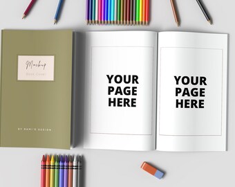 Boekpresentatie mockup 5 x 8 inch, Mockup met open en gesloten pagina's 5x8, 5x8 kleurboek showcase mockup, Kleurboek lay-out mockup