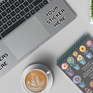 Stickers Laptop and Notebook Mockup Psd and Jpg, High-resolution sticker mockup, Editable sticker branding mockup, Stickers mockup