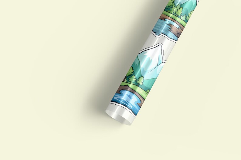 May include: A roll of wrapping paper featuring a repeating pattern of cartoon mountains, trees, and rivers. The paper is white with a glossy finish.