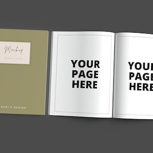 May include: A mockup book cover and open pages with the text "YOUR PAGE HERE". The cover is olive green with a cream-colored label that says "Mockup Book Cover" and "BY RAMI'S DESIGN". The pages are white with a thin gray border.