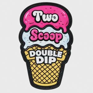 May include: A rubber patch shaped like an ice cream cone with a pink top scoop and a white bottom scoop. The text Two Scoop is written in white and pink, while the yellow waffle cone features the white text DOUBLE DIP.