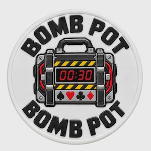 May include: A circular white patch featuring the black text BOMB POT at the top and bottom. In the center is a black briefcase with a digital timer displaying 00:30, yellow and black hazard stripes, and four card suit symbols.