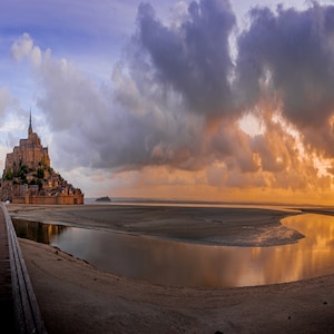 Impresiones del Mont Saint-Michel, Francia, amanecer, atardecer, Normandía, póster de viaje, aventura, emoción, isla, paisaje onírico, papel, lienzo, acrílico y metal.