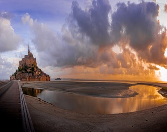 Mont St Michel wall art/sunrise/sunset/Normandy/home office décor/print/canvas/acrylic/metal/France/beach/island/medieval/high tide