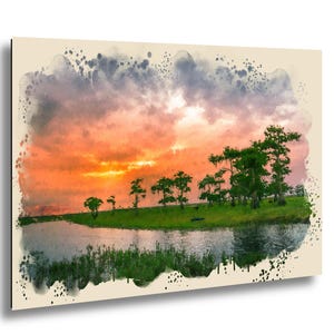 Florida Colorful Sunset prints, water color, St John’s River, swamp airboat, alligators, exotic birds, sunset,, paper/canvas/acrylic/met