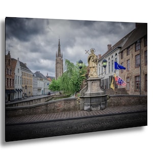 Brugge Belgium Print, European Architecture, Canal Scene, Historic Cityscape, Moody Wall Art, Heritage Illustration Gift