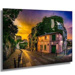 La Maison Rose with Shining Lights Print - Montmartre Cafe Wall Art, Sunset Cityscape, French Architechture/paper/canvas/acrylic