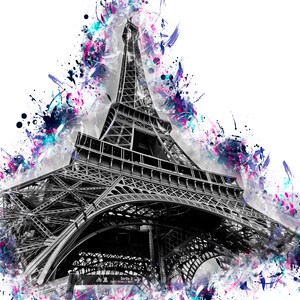 Stampa artistica da parete della Torre Eiffel in bianco e nero/Stampa fotografica di Parigi con schizzi di colore/Arredamento moderno per la casa/Francia/carta/tela/acrilico/metallo