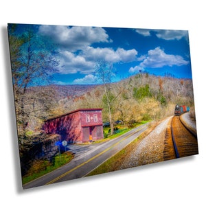 Stampe Country Store/Stufa panciuta/vecchi uomini/treno/minatori di carbone/montagne/Virginia/rurale/abbandonato/Dungannon/carta/tela/acrilico/metallo