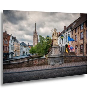 Bruges Belgium Canal Scene Print, St John Nepomuk Statue, Church of Our Lady Canvas