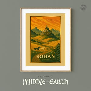 May include: A vintage travel poster design featuring a landscape with a castle in the distance and two horses on a path. The poster is titled "Rohan, The Riddermark" and says "Land of the Horse" at the top. The poster has a yellow, orange, and green color scheme.