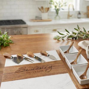 Personalized Marble Wood Charcuterie Board – 11 Piece Set, Custom Engraved Gift