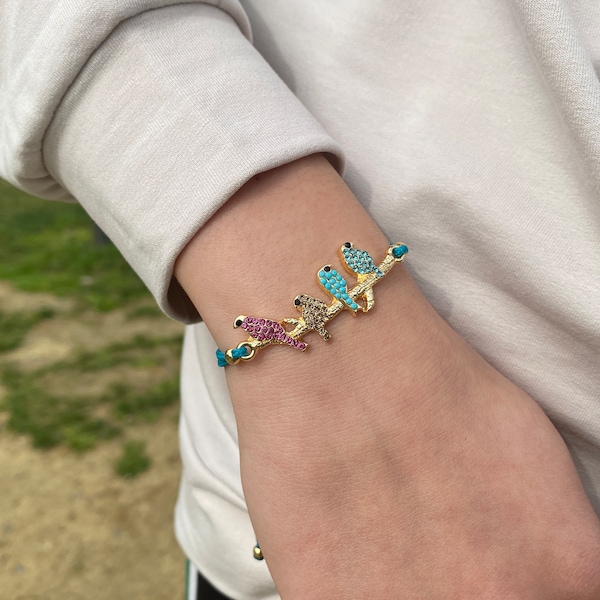 Birds on Branch Bracelet, 4 Birds Bracelet, Colorful Birds Bracelet, Bird Jewelry, Gold Plated Bracelet , Gift for Her