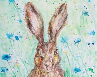 Spring Hare. A high quality, A4 giclee print of a watercolour original.