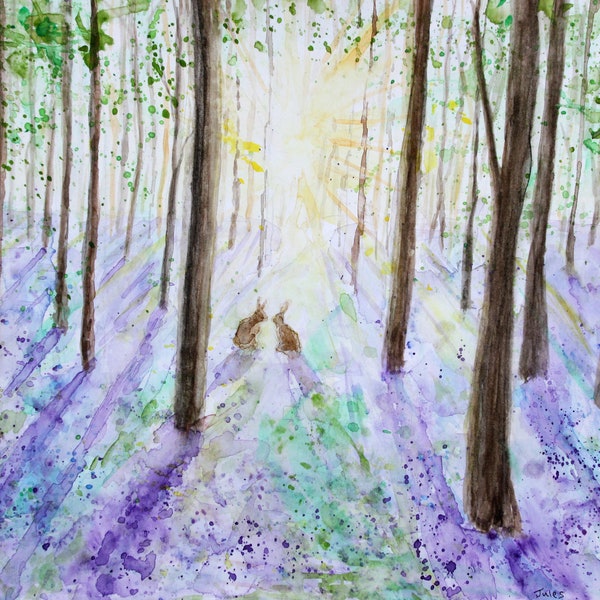 Bluebell woods and a pair of hares. A giclee print of an original watercolour. Childrens print. Wall art. Childrens bedroom art. Sunlit wood