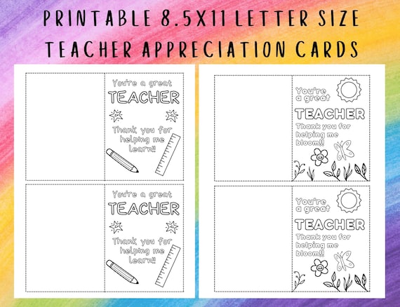 PRINTABLE TEACHER APPRECIATION Cards Letter Size Pdf Easy | Etsy