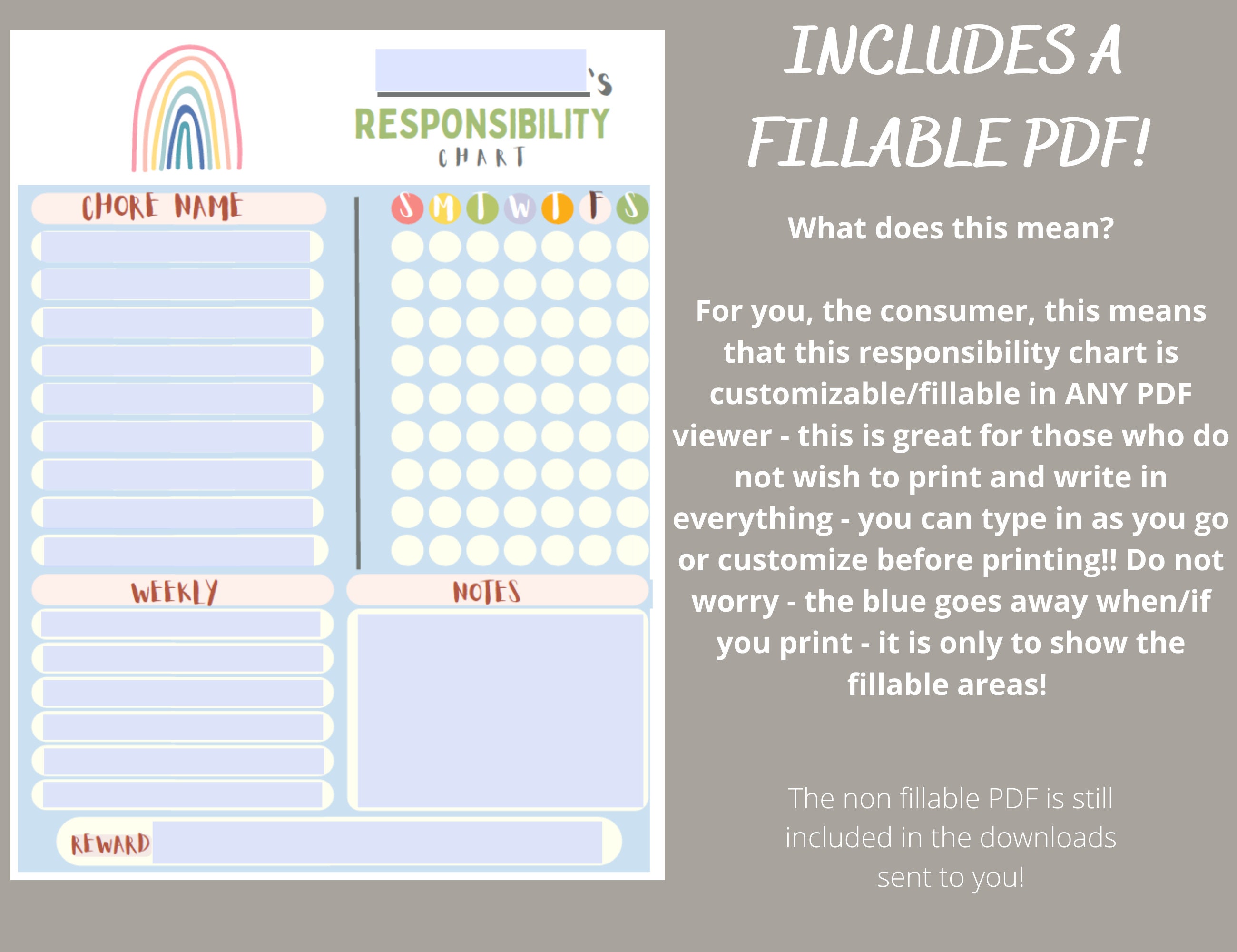 DIGITAL PRINTABLE FILLABLE Responsibility Chart | Chore Chart | Rainbow ...
