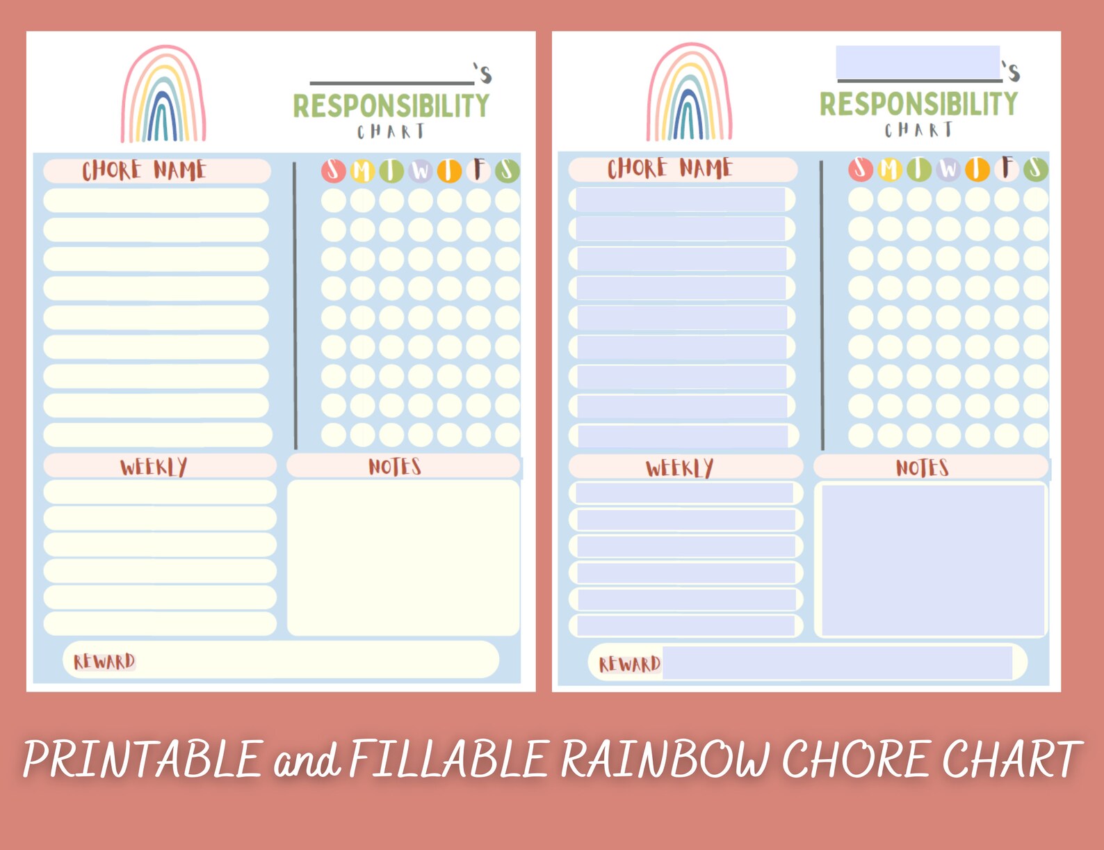DIGITAL PRINTABLE FILLABLE Responsibility Chart | Chore Chart | Rainbow ...
