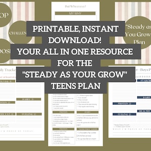 May include: Printable "Steady as You Grow" Teen Plan resource with a green and brown color scheme. The resource includes a daily tracker, a boys plan, and a girls plan. The resource includes a list of food options for each food group, including protein, dairy, healthy fats, and fueling foods. The resource also includes a section for "Sometimes Foods" and a section for "What I'm Proud of Today."
