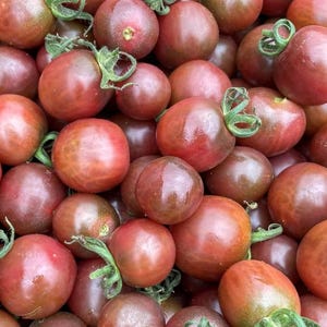 May include: A close-up of a bowl filled with dark red tomatoes. The tomatoes are arranged in a random pattern and some have green stems.