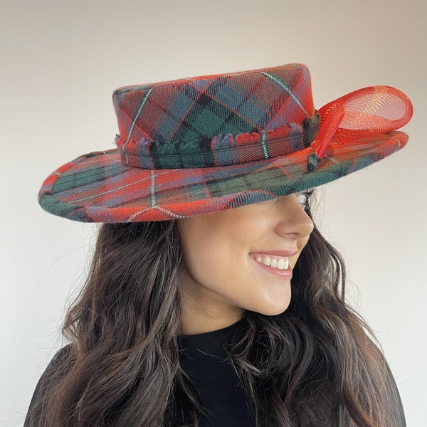 COUTURE boater style tartan winter hat, trimmed with crinoline. The perfect hat for special occasions including winter weddings and races.