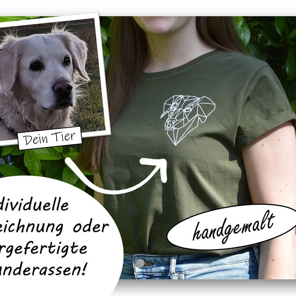 Personalisierte geometrische Tierzeichnung - Shirt olivgrün mit weißem Flockdruck