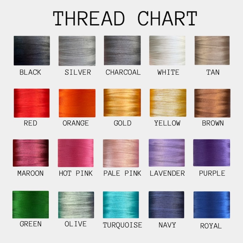 May include: A thread chart with 20 different colors of thread, including black, silver, charcoal, white, tan, red, orange, gold, yellow, brown, maroon, hot pink, pale pink, lavender, purple, green, olive, turquoise, navy, and royal.