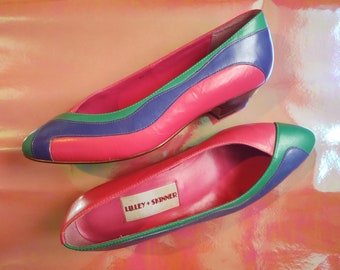 Vintage Lilley + Skinner shoes - pink, purple and green - small size 5 - low heel - made in Brazil - leather