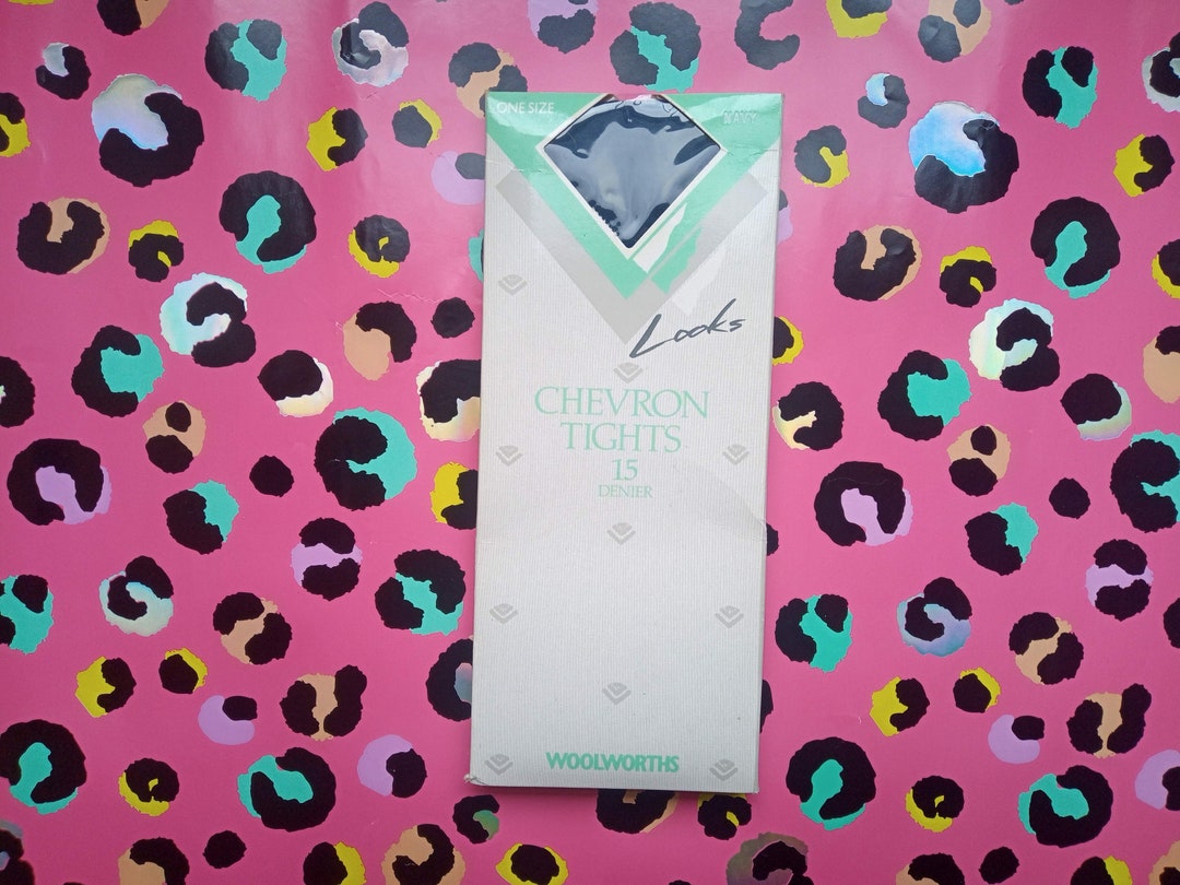 Vintage Woolworths Looks Tights Navy Blue Chevron Pattern 15 Denier One Size Opaque Nylon Made