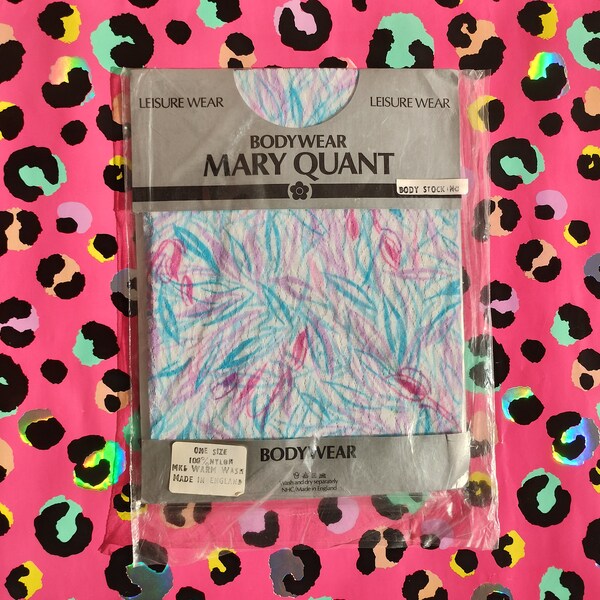 Vintage Mary Quant body stocking - white base with purple, pink and blue pattern - one size - 100% nylon - lace