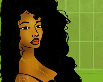 Lámina artística "Mujer serena en el baño" – Soledad y autocuidado en tonos verdes.