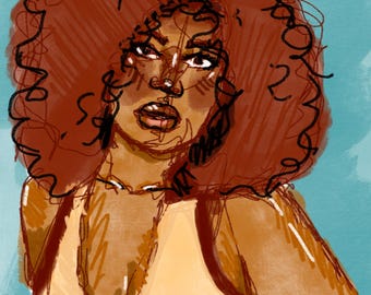 Lámina de retrato expresivo: Mujer pelirroja, estilo boceto suelto, arte de pared sobre fondo azul.