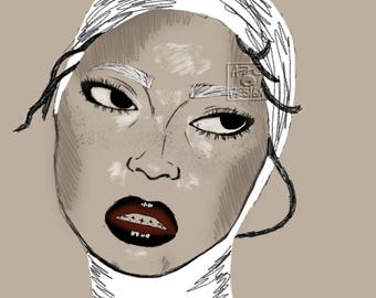 Lámina con retrato de mujer: labios rojos intensos, fondo beige, elegante decoración de pared.