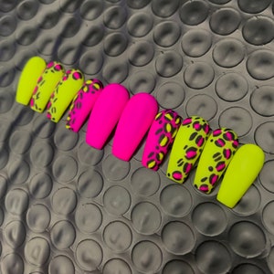 Hand Painted Press On Nails: Neon Leopard Print, Custom Gel Nail Art