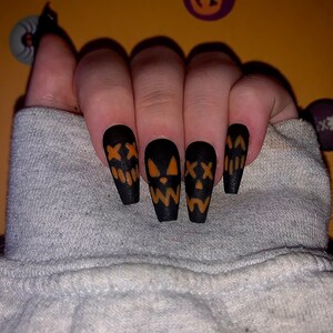 Hand Painted Halloween Press On Nails: Jack-O-Lantern Nail Art, Reusable, Custom (Free Prep Kit)