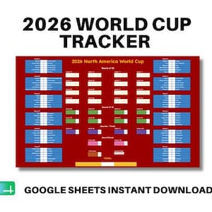 Puede incluir: Un gráfico rojo del rastreador de la Copa Mundial de 2026 con rectángulos azules, blancos, verdes y rosas. El texto "2026 WORLD CUP TRACKER" está en la parte superior. Las palabras "GOOGLE SHEETS INSTANT DOWNLOAD" están en la parte inferior.