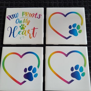 Ceramic rainbow paw print Coasters, 4 x 4 inch Dog lovers coaster set of 4, Housewarming gift for dog mom, Pet lovers home decor