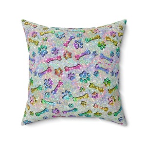 Rainbow Paw Prints and Bones Spun Polyester Pillow, Dog Lovers Throw Pillow, Dog Mom Gift, Home Decor, Sunroom pet lovers decorative pillow