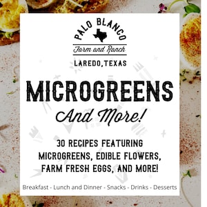 Op de afbeelding: Een witte afbeelding met zwarte tekst die "Palo Blanco Farm and Ranch Laredo, Texas Microgreens And More! 30 Recipes Featuring Microgreens, Edible Flowers, Farm Fresh Eggs, And More! Breakfast - Lunch and Dinner - Snacks - Drinks - Desserts" zegt.