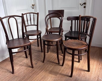 Zestaw 6 starannie dobranych, giętych krzeseł bistro w stylu Thonet