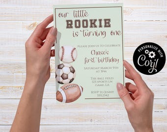 Sports, Rookie, First Birthday Invitation, Editable Party Card (5x7) (Digital Download)