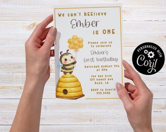 Bee, First Birthday Invitation, Editable Party Card (5x7) (Digital Download)