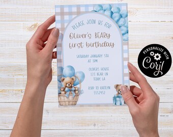 Bear, Teddy, First Birthday Invitation, Editable Party Card (5x7) (Digital Download)