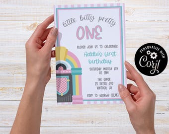 Retro Jukebox First Birthday Invitation, Editable Party Card (Digital Download)