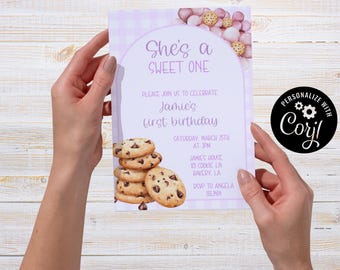 First Birthday Invitation, Cookies, Girl, Editable Party Card (5x7) (Digital Download)